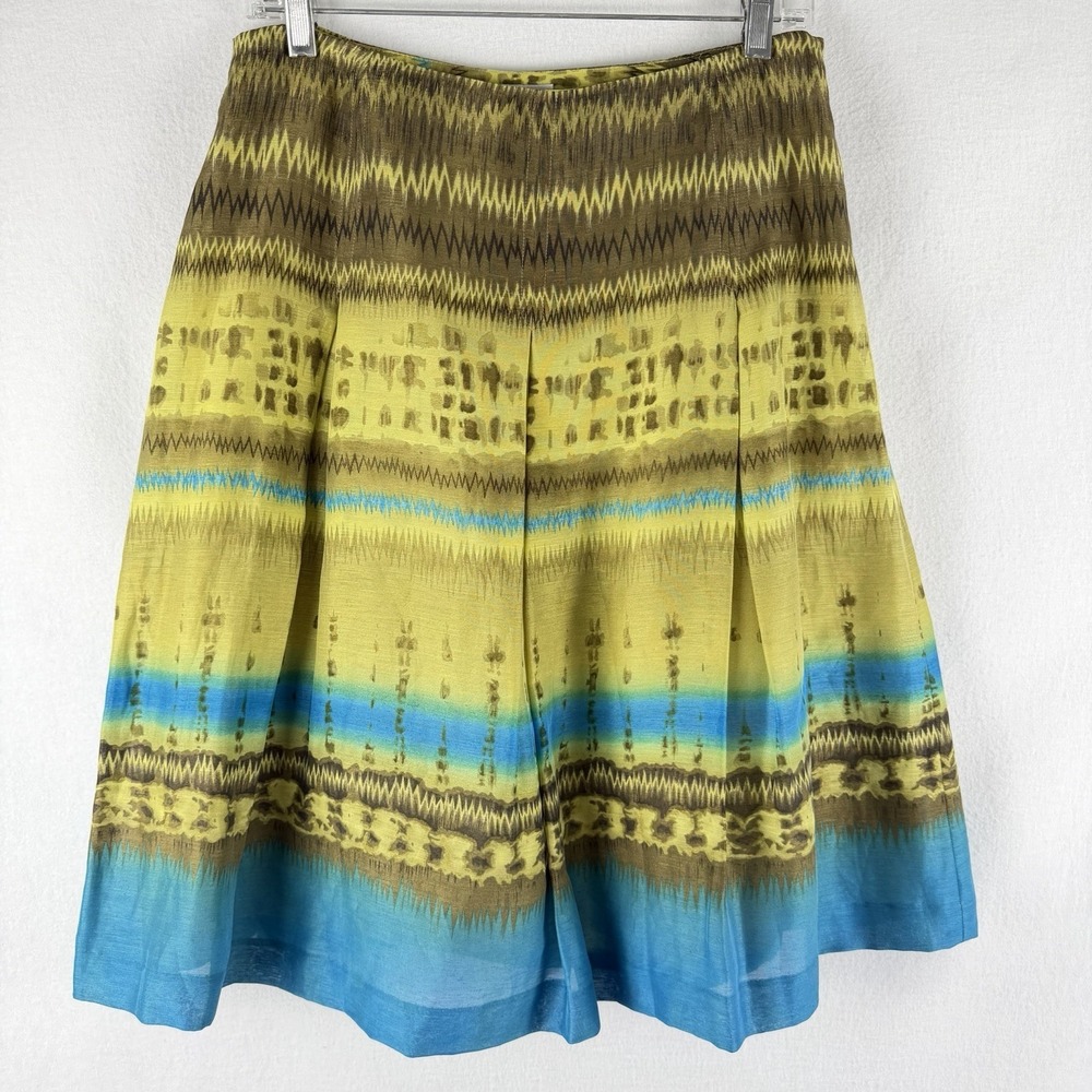 VTG Talbots Womens Linen Silk Pleated Skirt Sz 8 Turquoise Gold Global Eclectic